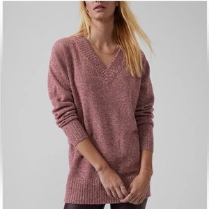 Athleta Vital V-Neck Tunic Wool Cashmere Sweater Maroon/ White Marl Size Small